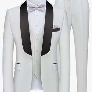 Men's White Tuxedo Suit w/Black Shawl Collar- Formal Wear by Mage Male XXL